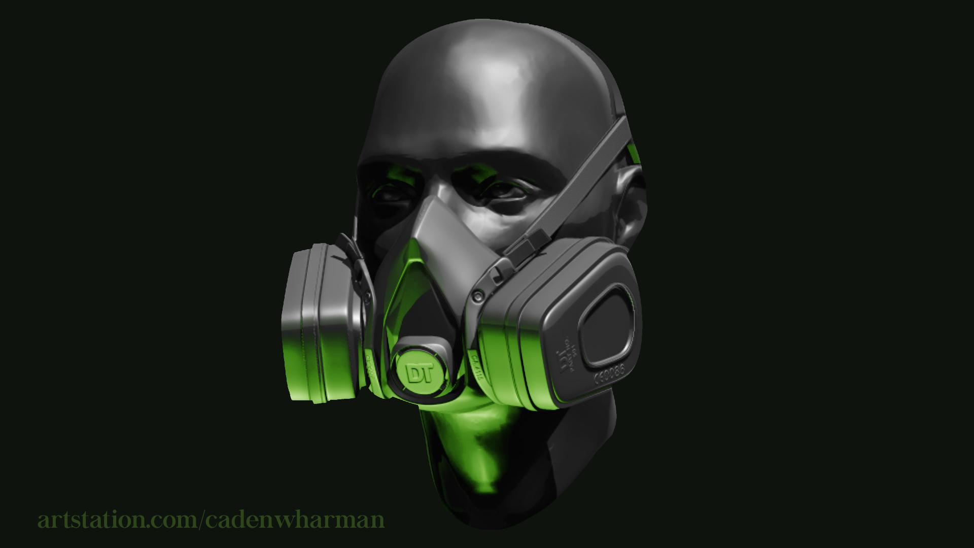 3D sculpted person from neck up wearing a gas mask by Caden Harman