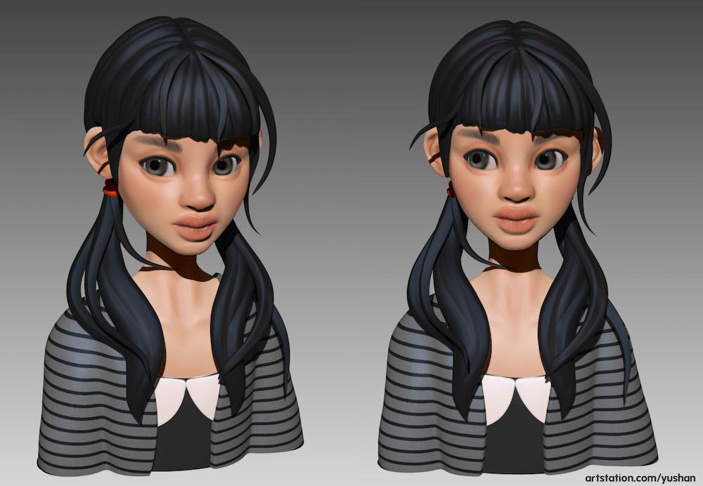 3D modeled and textured girl with long dark hair in pig tails by Yushan Sha