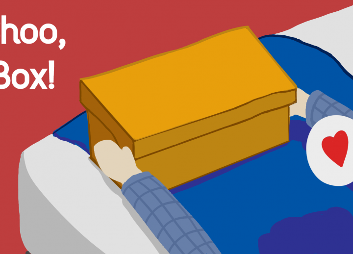 2D art of two arms placing a shoebox on the edge of a bed. text reads "Shoo, Box!" 