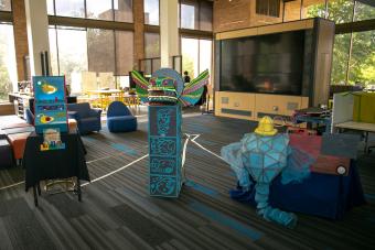 The Interactive Zoo: moving "babble" fish, dragon, and elephant created by students