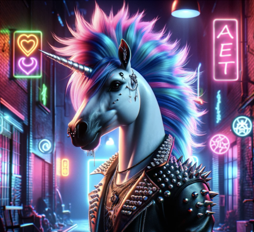 Illustration of a punk rock unicorn with AET neon sign in background