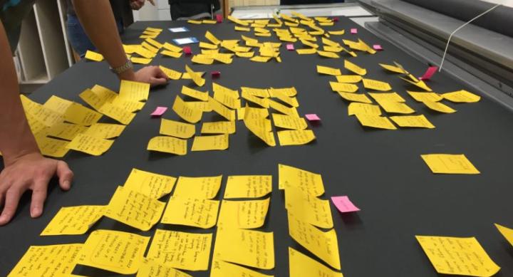 Post-it note exercise to help students work through problems. Photo by Jon Freach.
