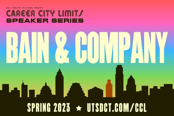 colorful graphic with Austin skyline promoting Career City Limits session with Bain & Company