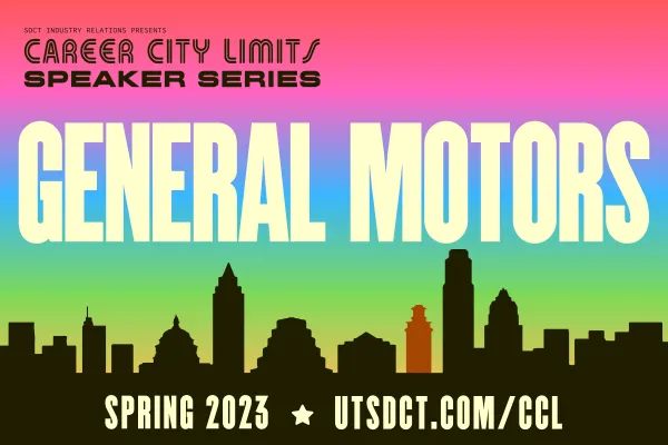 colorful graphic with Austin skyline promoting Career City Limits session with General Motors