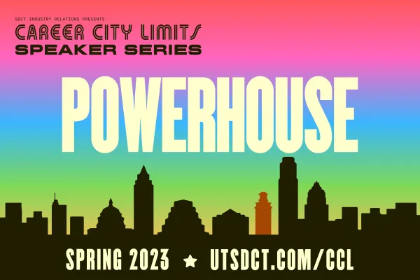 colorful graphic with Austin skyline promoting Career City Limits session with Powerhouse Animation