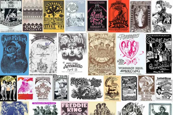 Collage of vintage concert posters from the Armadillo World Headquarters era in Austin, Texas. The posters feature hand-drawn illustrations and stylized typography advertising performances by musicians such as Freddie King, Dr. John, Devo, Ravi Shankar, Little Feat, the Flying Burrito Bros, the Pointer Sisters, and more. Designs vary in color and style, showcasing a psychedelic and Western aesthetic.