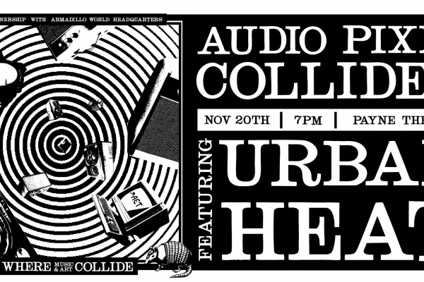 Black and white graphic poster for “Audio Pixel Collider” featuring the band Urban Heat. A hypnotic spiral design radiates from the center, surrounded by musical and tech equipment like amps, mics, screens, and an armadillo. Event details read: Nov 20th · 7PM · Payne Theater. Text at the bottom says “Where Music & Art Collide.”