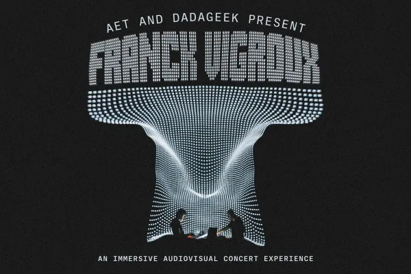 A projected performance of Franck Vigaroux promoting an upcoming immersive concert experience. Presented by AET and Dadageek.