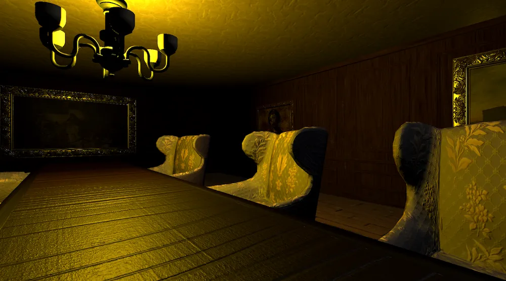 still image from Automaton, an original game created by AET students. a large table with ornate chairs sits under a chandelier in a creepy, dark mansion that's supposedly abandoned