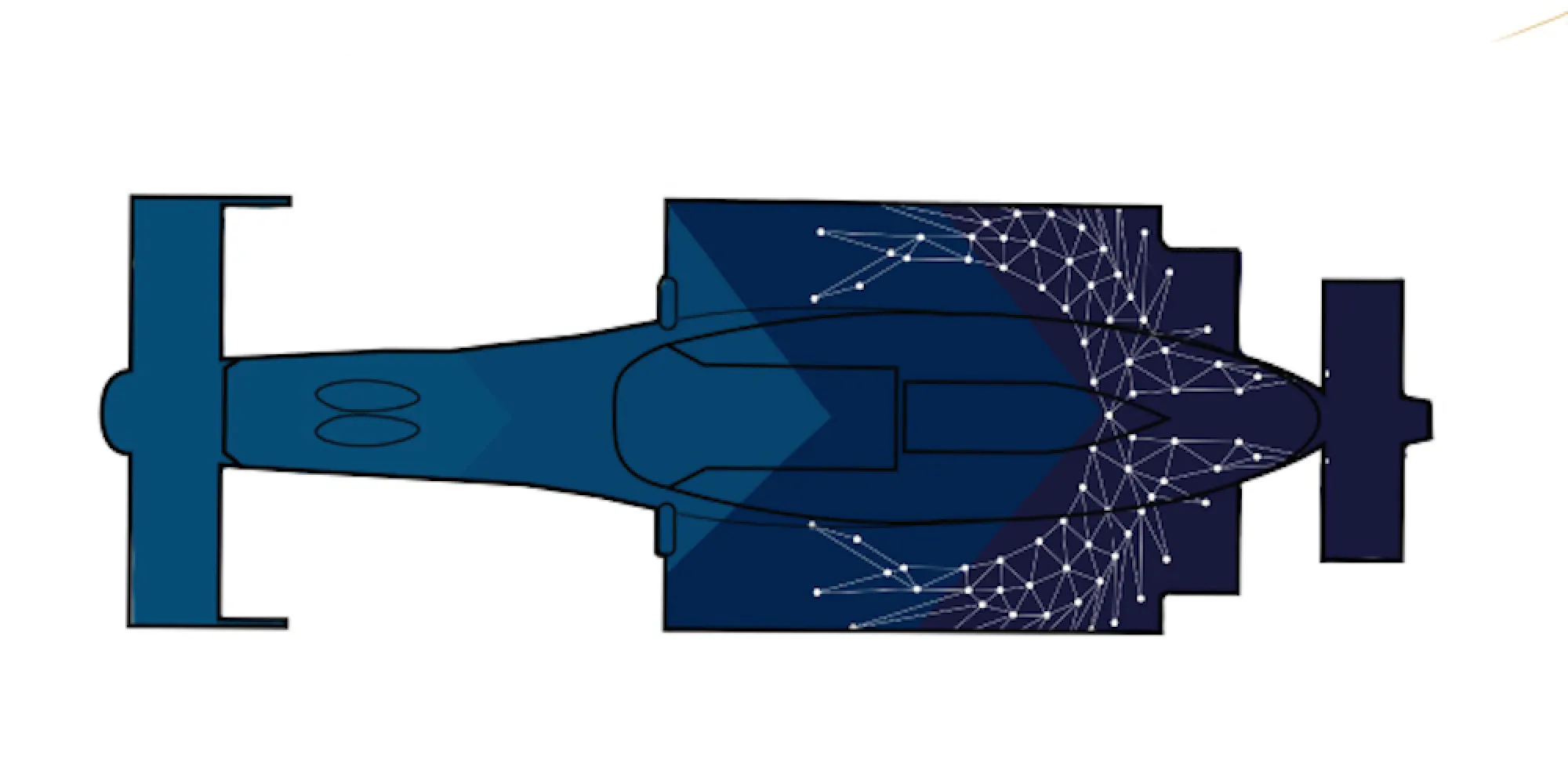 Aerial view of a graphic rendering of the wrap design for the Valkyrie Velocity, created by UT Austin design student Hadley Chillura