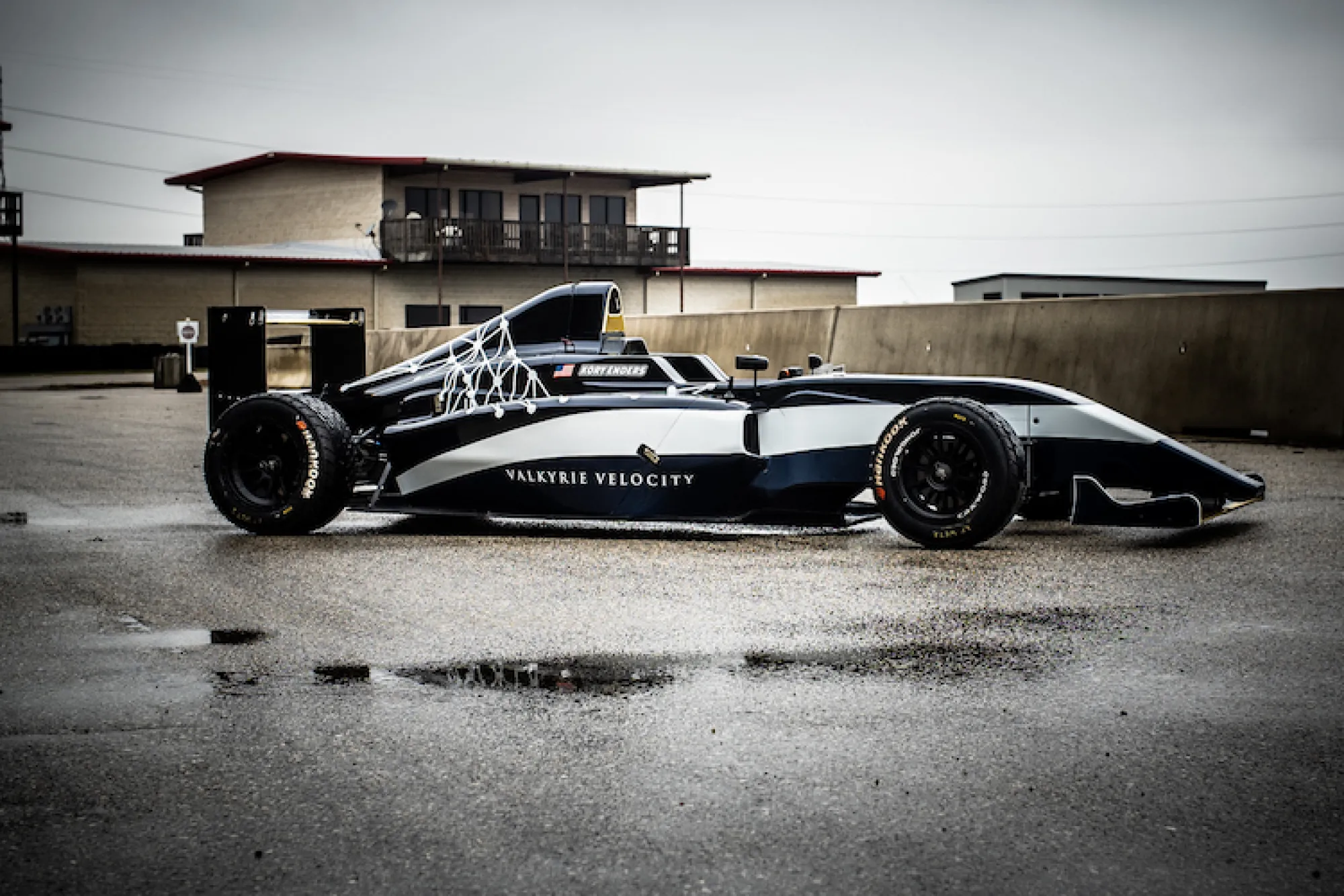 Side view of the Valkyrie Velocity, designed by UT Austin B.F.A. Design senior Hadley Chillura, on display at Circuit of the Americas