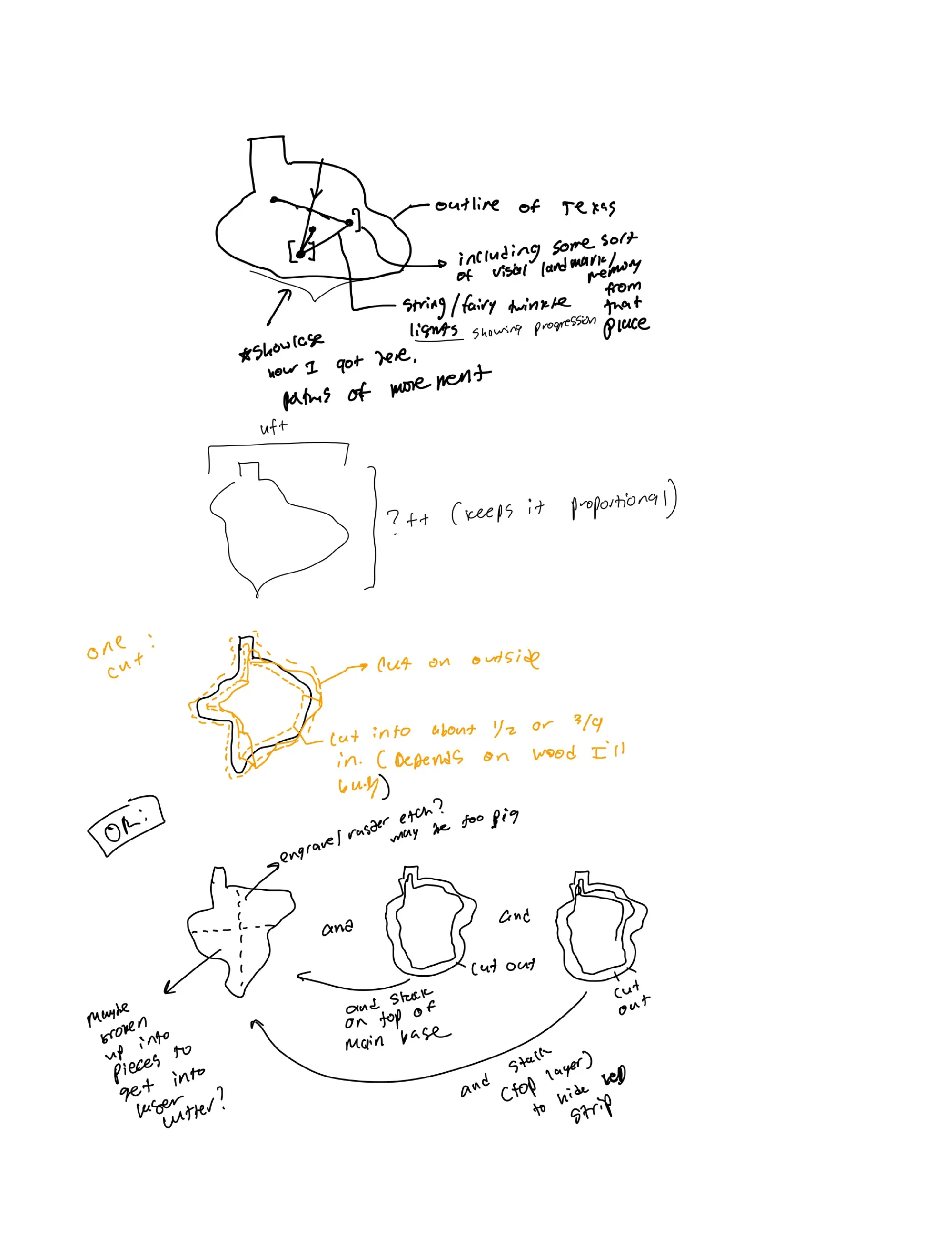 Zac DeLane's sketch process of designing an LED-lit wood cutout of Texas