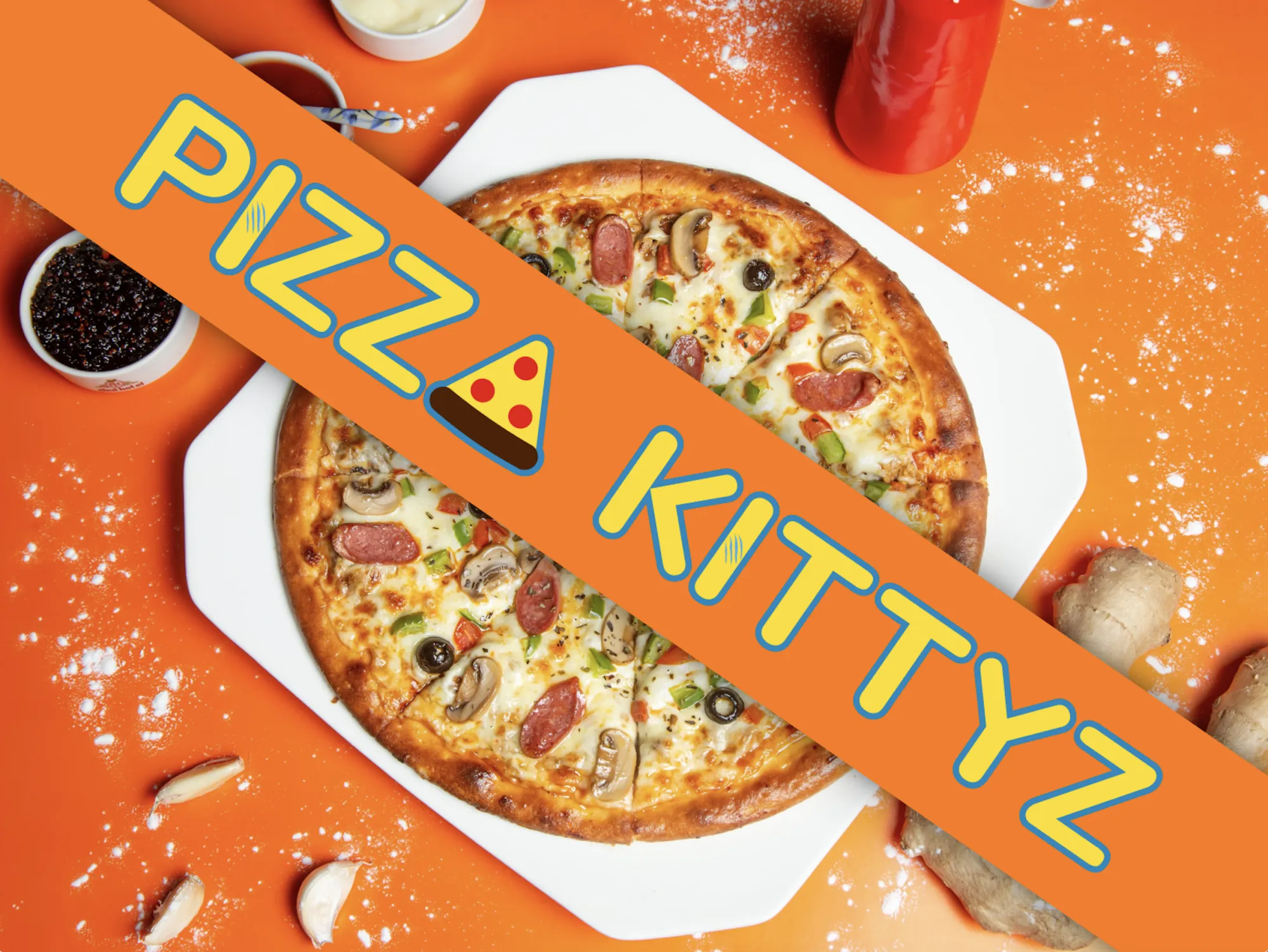 Logo for Pizza Kittyz fictional brand over photo of delicious pizza designed by B.F.A. Design student Luis Angeles