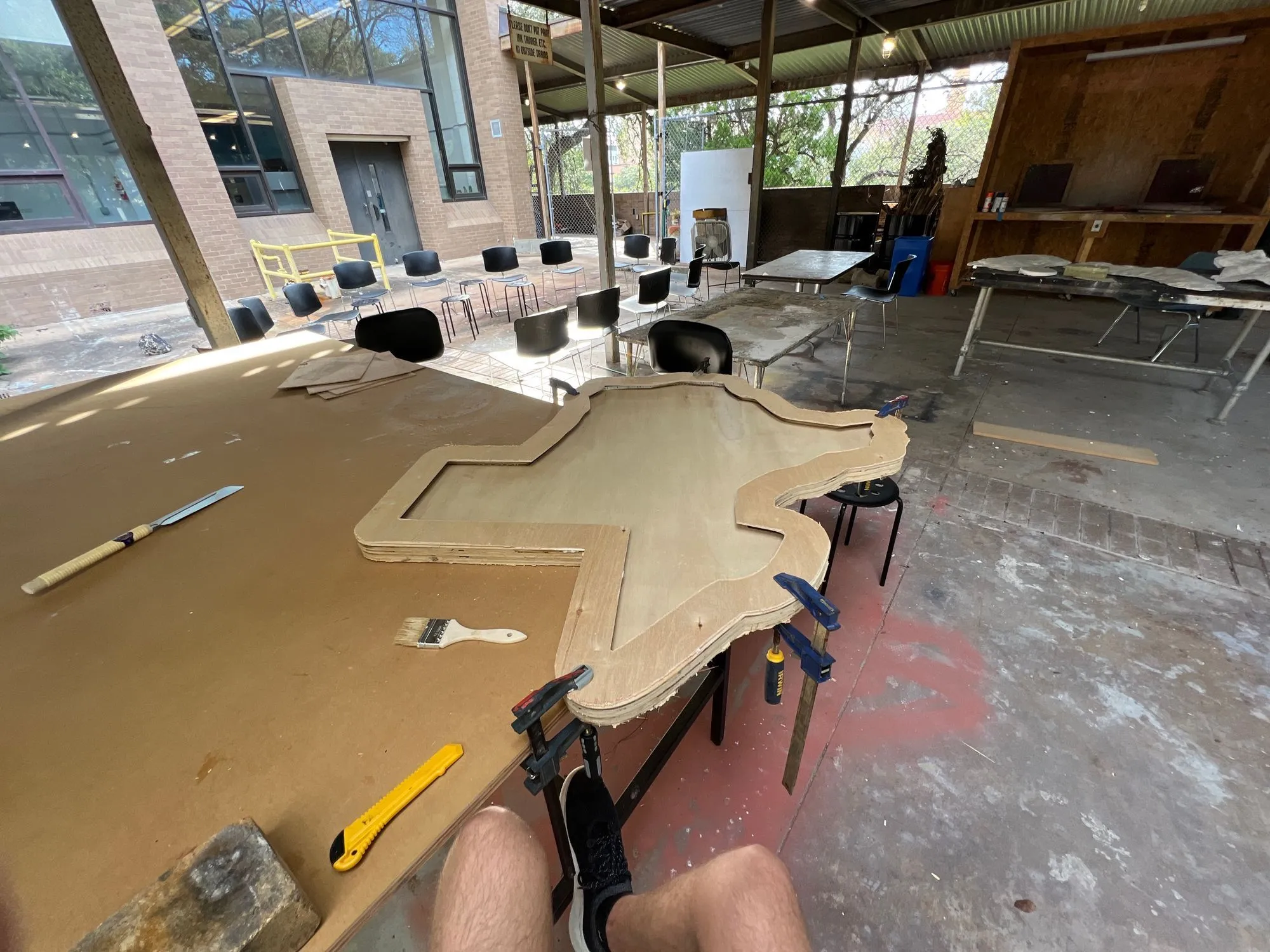 in-progress photo of wood cutout of Texas created by Design undergrad student Zac DeLane