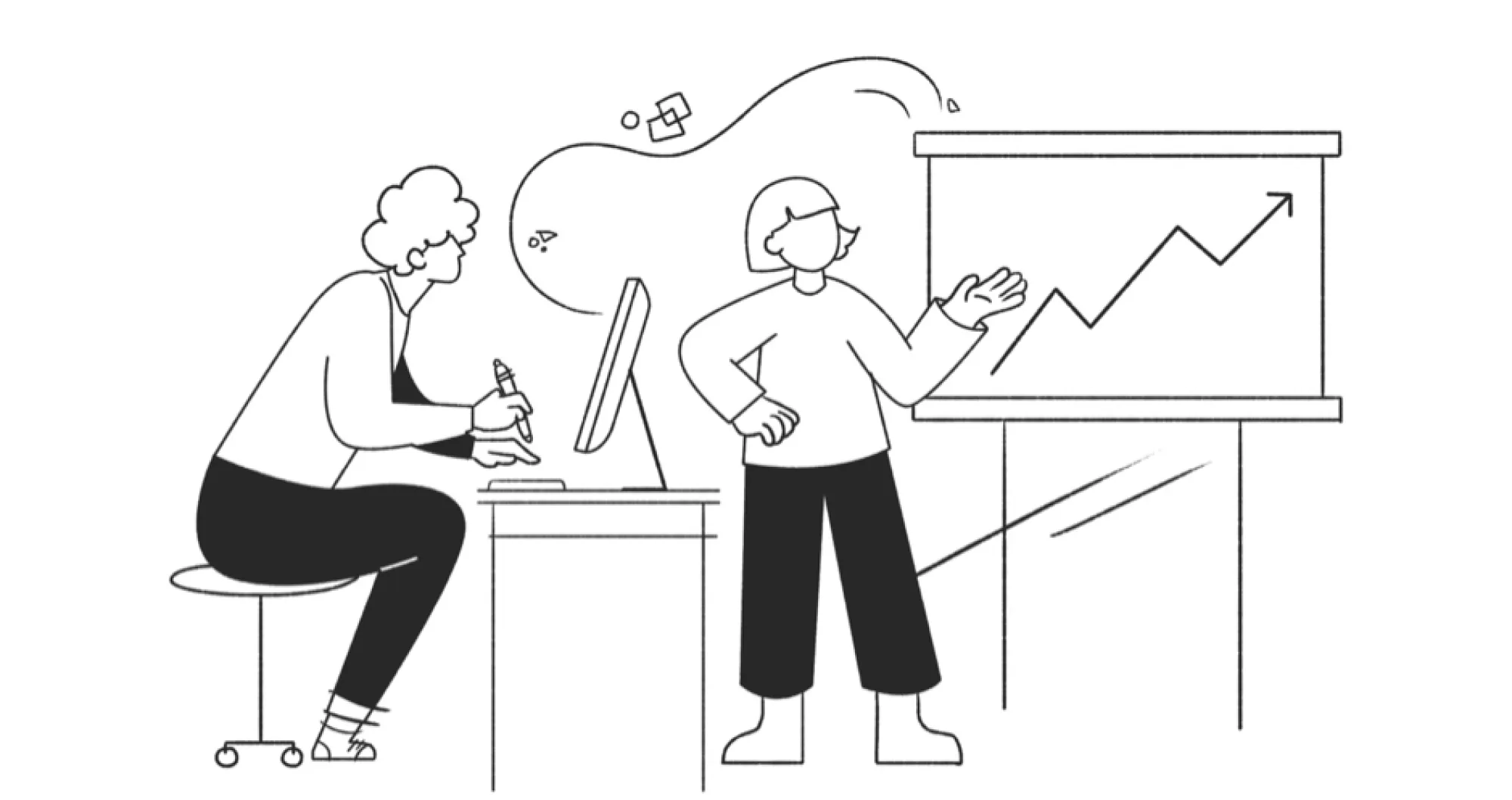Illustration of two coworkers discussing a chart