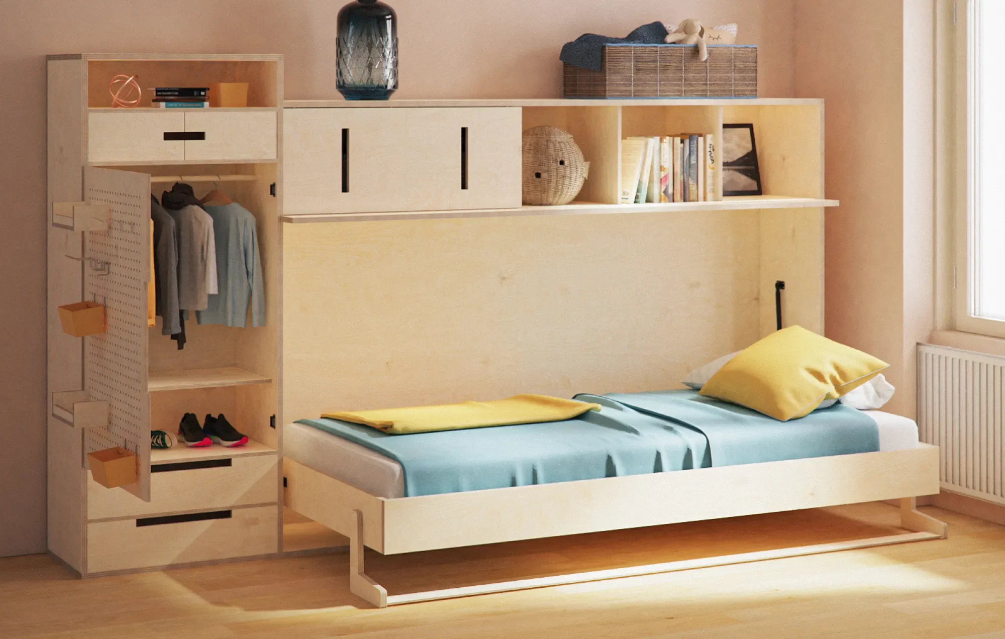 A murphy bed unit with shelves and a closet, in a clean, modular design.