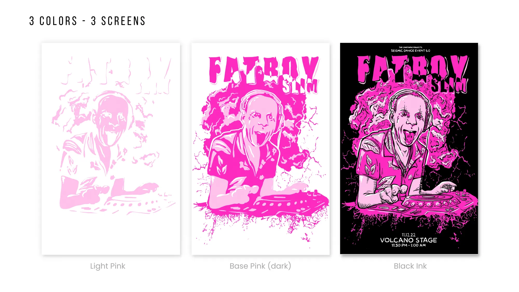 Series of poster mockups depicting a DJ, each print represents a different layer of the screen printing process.
