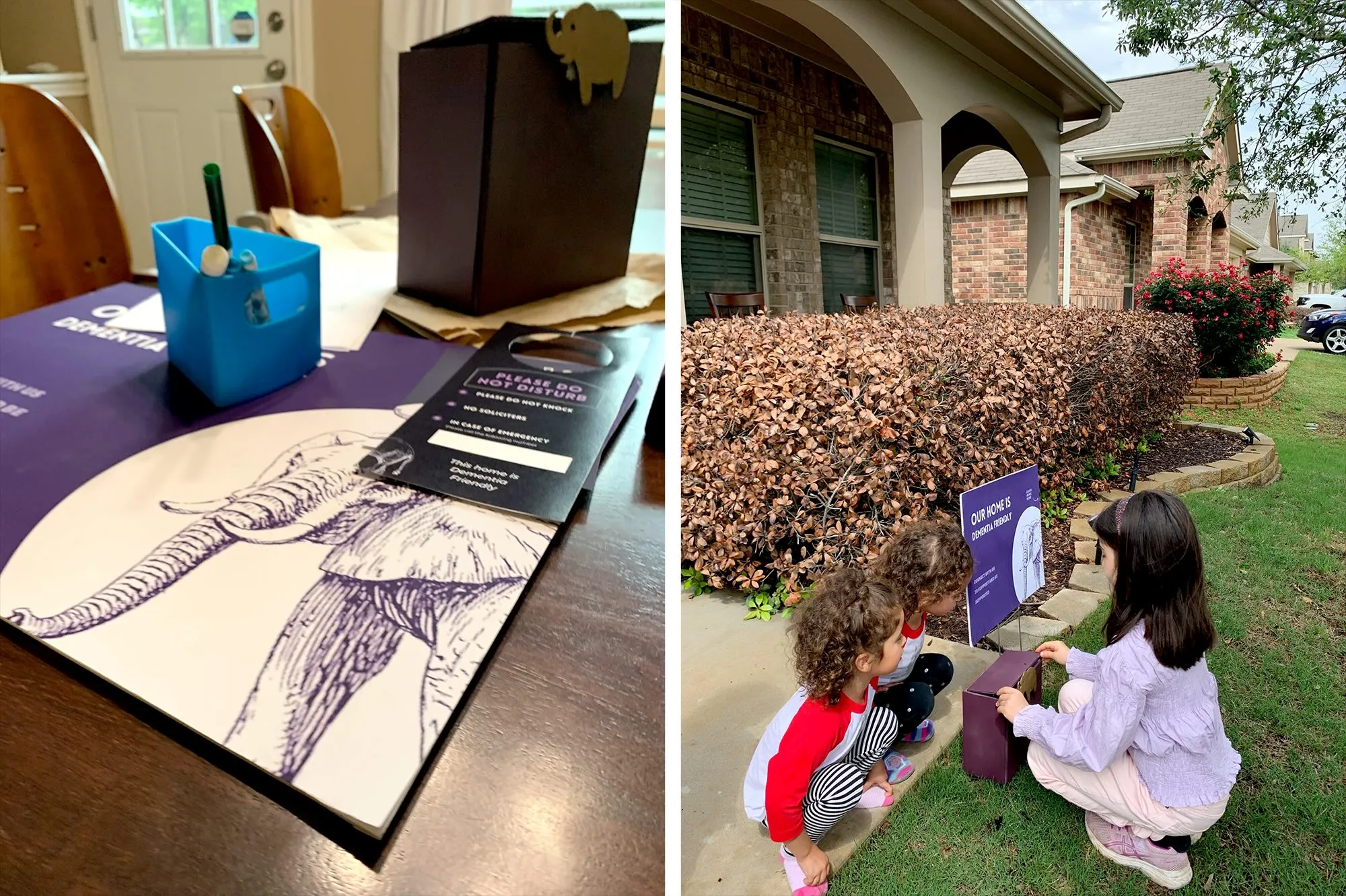 A side-by-side image. On the left, a table displays Alzheimer's Texas materials, including a “Please Do Not Disturb” door hanger, a large sheet with an illustrated elephant, a blue pen holder, and a dark purple delivery box with a small elephant charm. On the right, three children kneel in a front yard installing a purple sign that reads “OUR HOME IS DEMENTIA FRIENDLY” with elephant artwork and informational text. A brick house and trimmed shrubs are in the background.