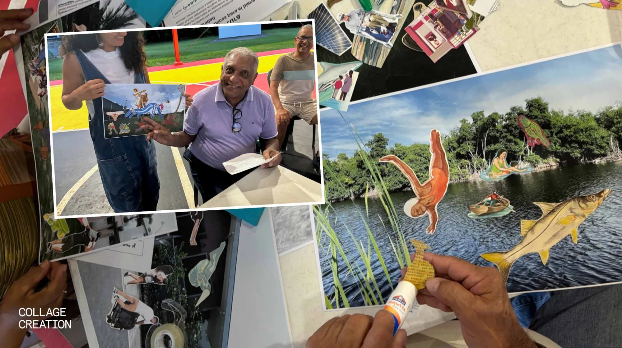 Hands cut and glue printed illustrations of people, animals, and boats onto a nature photo background during a collage workshop. Inset: A smiling older man and younger woman hold up a completed collage in a colorful gymnasium, while another man watches in the background. The word “Collage Creation” appears in the bottom-left corner.