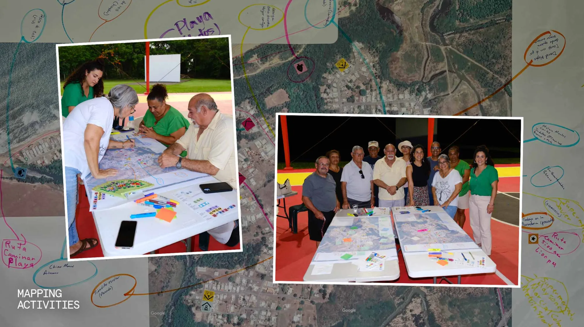 Community members map shared experiences over satellite prints of their town. Two photos show participants writing and drawing on maps during a collaborative design workshop.