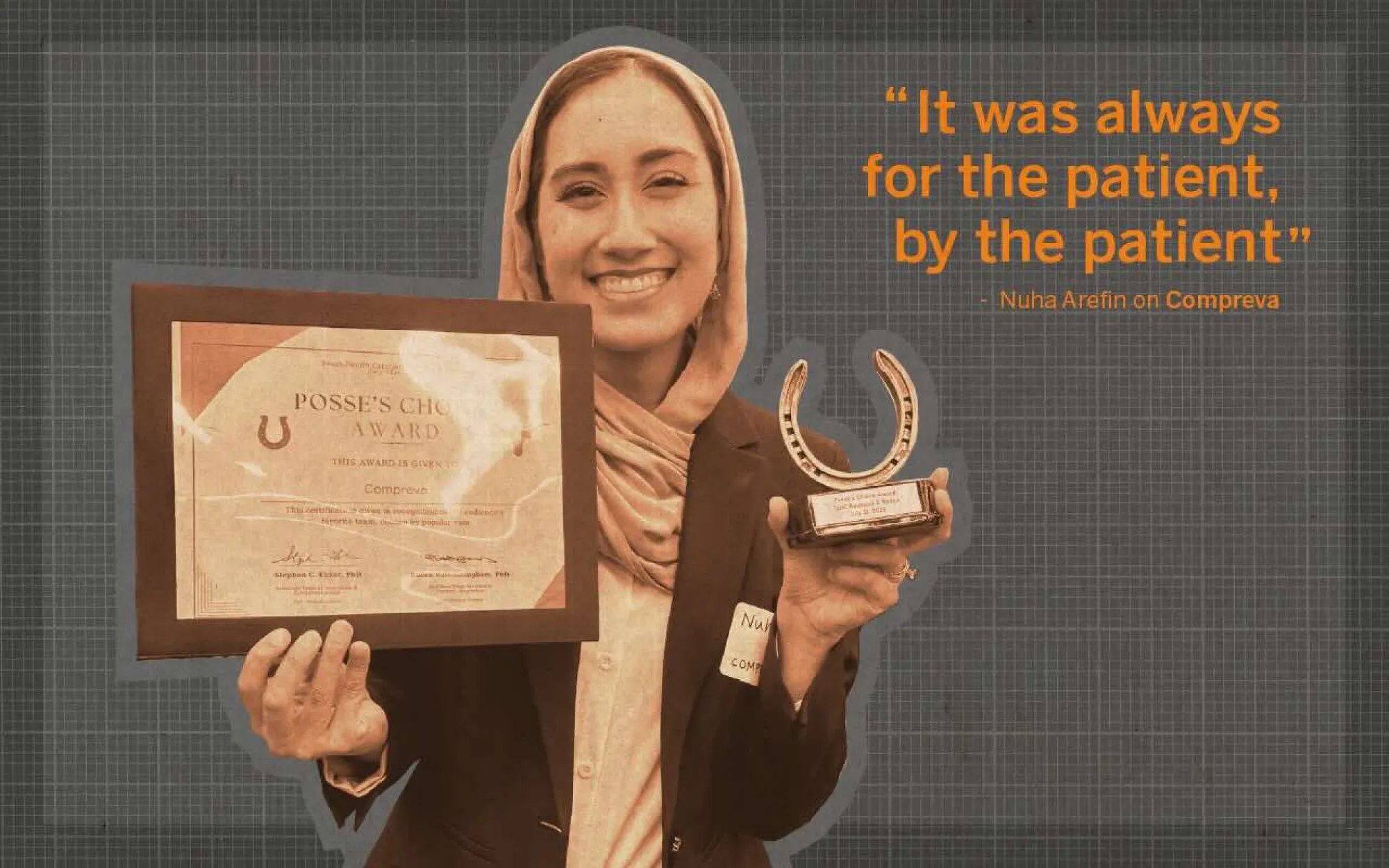 A smiling woman wearing a headscarf holds a framed certificate reading “Posey’s Choice Award” and a horseshoe-shaped trophy. The graphic includes The University of Texas at Austin Department of Design branding and a pull quote in orange text: “It was always for the patient, by the patient” — Nuha Arefin on Compreva.