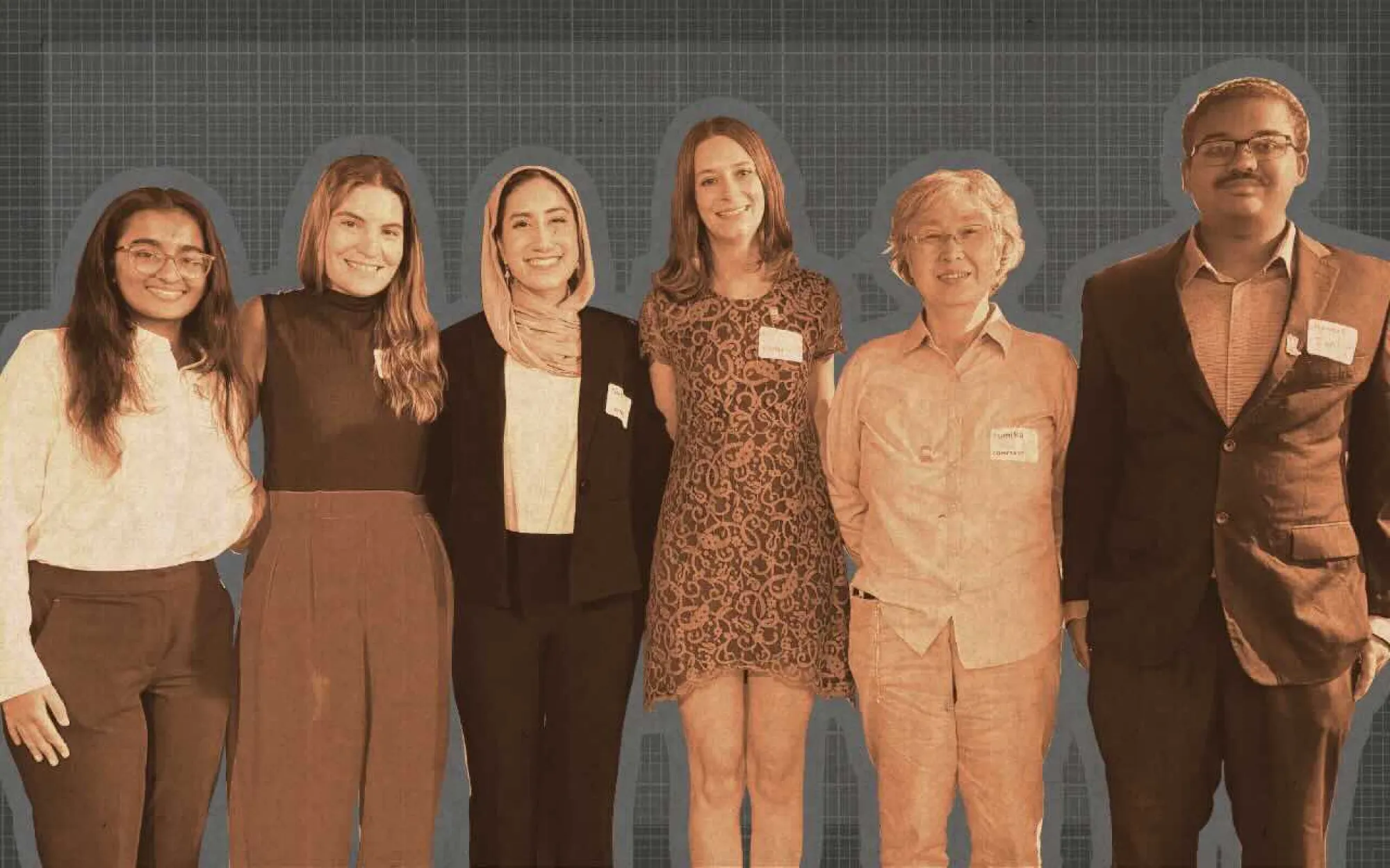 Six members of the Compreva team stand side by side, smiling at the camera. The image features a muted graphic background with the heading “Compreva team” in orange text. The group includes students and collaborators dressed in business and semi-formal attire, reflecting a professional and celebratory moment.