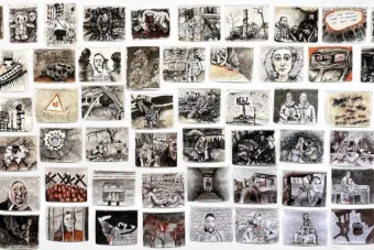 A collage of Yuliya Lanina’s “Guts,” a series of pen-and-ink drawings on paper in black, white, and gray, but also tinged, and sometimes soaked or splashed, with red—blood, anger, tears.