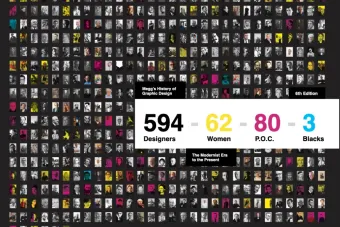 Cheryl D. Miller's illustration of the Megg’s 6th edition of the “History of Graphic Design," an industry and educational standard. Of the 594 designers covered in Megg's, 62 are women, 80 are people of color, and only three are Black.