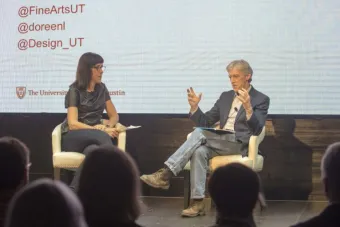 Doreen Lorenzo (left) and Doug Dempster (right) discuss the College of Fine Arts and the Center for Integrated Design at the UT LIVE SXSW event on March 11th, 2017. Photo by Marsha Miller.