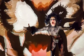 Multimedia artist and educator Yuliya Lanina in costume during her performance of Misread Signs