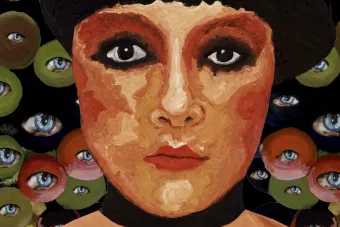 close up of Yuliya Lanina acrylic painting of a woman's face surrounded by floating eyes on red, green, and black circles.