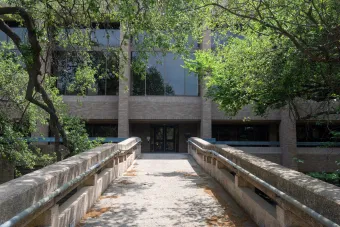wide angle shot of the celebrated entrance and ramp to the Doty Fine Arts building, where SDCT offices and classrooms are housed