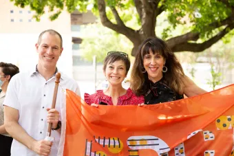 From left to right: Arts and Entertainment Technologies Department Chair Michael Baker, Design Department Chair Kate Canales, and Assistant Dean Doreen Lorenzo at Graduation in 2021