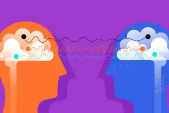 Illustration of two heads facing each other with their brains connected by wires