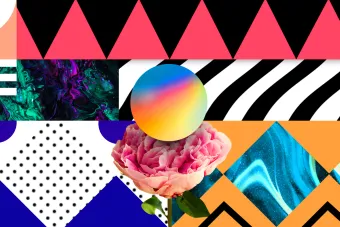abstract artwork including different patterns with a large pink carnation and multicolored sphere in the center