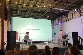 Lauren Lee McCarthy during her performance of Surrogate at Fusebox Festival 2023