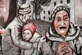 Photo of painting of people in war torn Ukraine courtesy of Mother Land exhibition from Yuliya Lanina