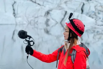 Jiabao Li and her team record sounds of the glacier used in the multisensory VR film Once a Glacier