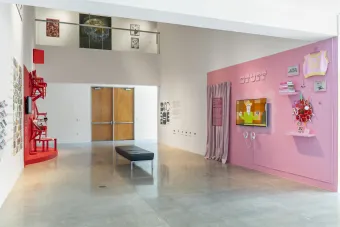 Image of Stuff installation at Becauseisms MFA thesis exhibition in 2023