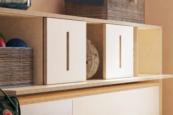 Close up of a sliding shelving unit above a folded murphy bed.