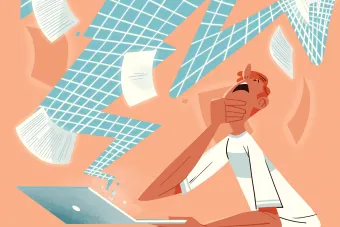 Illustration of a surprised college student holding a laptop with a digital version of himself coming out of the screen along with loose papers