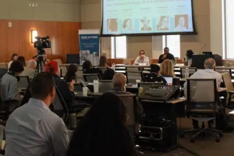 Panelist Andrew Augustin speaks at the Good Systems Speaker Series round table discussing AI in entertainment and media at the Student Activity Center on February 21st