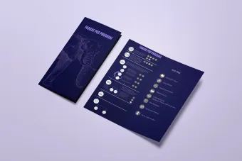 A deep purple trifold brochure for the "Parade Pod Program" by Alzheimer’s Texas is displayed on a lavender background. The cover features a detailed elephant illustration with the program title in white. The inside spread outlines the program’s structure and features a flowchart and icon key. The icons represent different roles and resources in the pod system, such as social workers, healthcare providers, and care partners, with a clear visual system for understanding participant responsibilities.