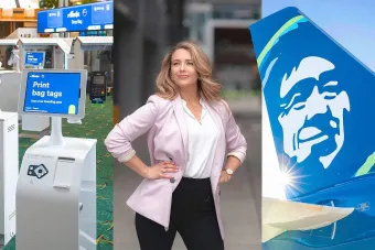 A triptych featuring an Alaska Airlines bag tag kiosk, innovation director Bernadette Berger in a light blazer, and a close-up of the airline’s plane tail logo.