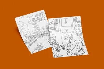 A mockup of two UT Austin coloring book pages against a burnt orange background