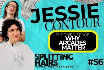 A graphic podcast thumbnail featuring the text “Jessie Contour” and “The Third Space: Why Arcades Matter.” Two people are pictured on the left against a collage-style background, while bold black and yellow typography highlights the episode title. The design includes “Splitting Hairs Podcast with Tab Salsman” and episode number 56.