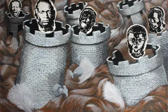 A painting by Michael Ray Charles depicting stylized Black-and-white portrait faces emerging from medieval castle towers, surrounded by swirling waves of auburn hair.
