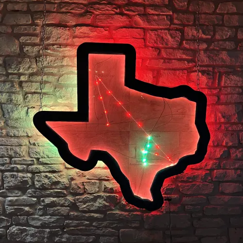 Image of LED-lighted wood cutout of Texas create by undergrad Design student for Jose Perez' Objects and Spaces class
