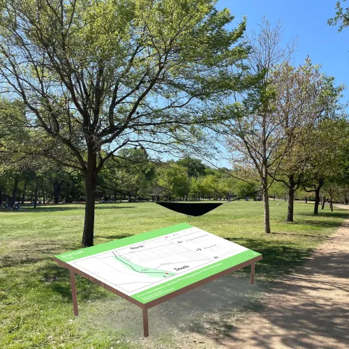 A park trail with a hammock in the background and a mockup of a trail map in the foreground