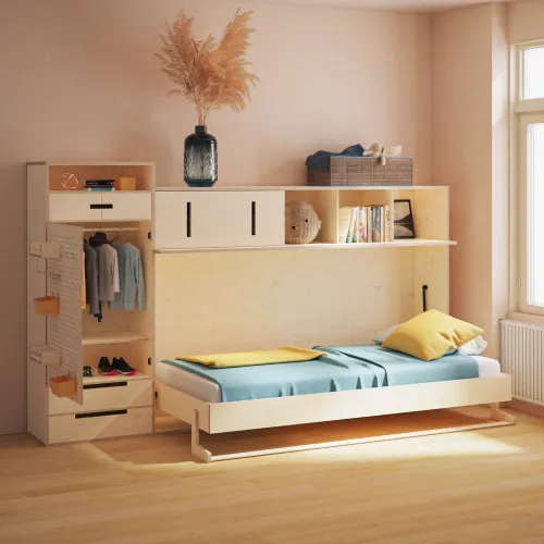 A murphy bed unit with shelves and a closet, in a clean, modular design.